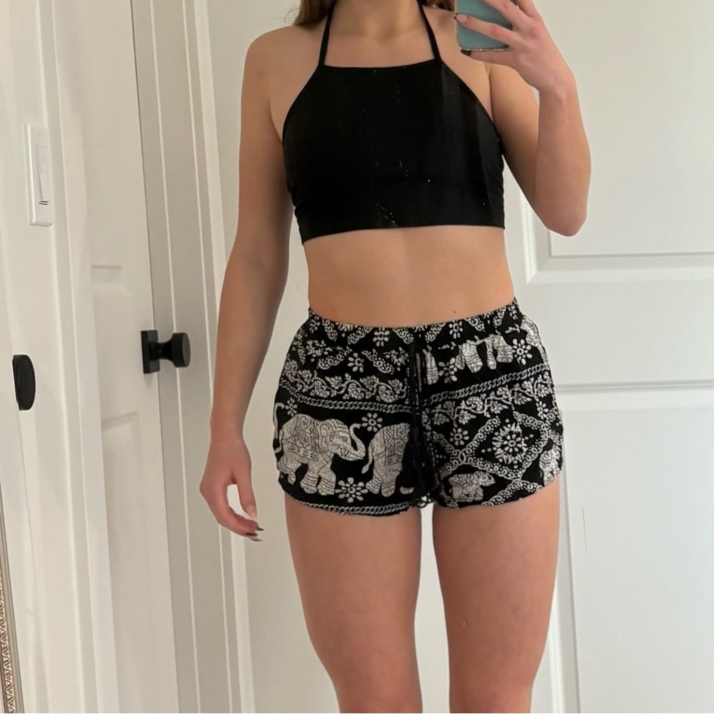 Black Elephant Print Shorts and Black Halter Cropped Shirt (Set)